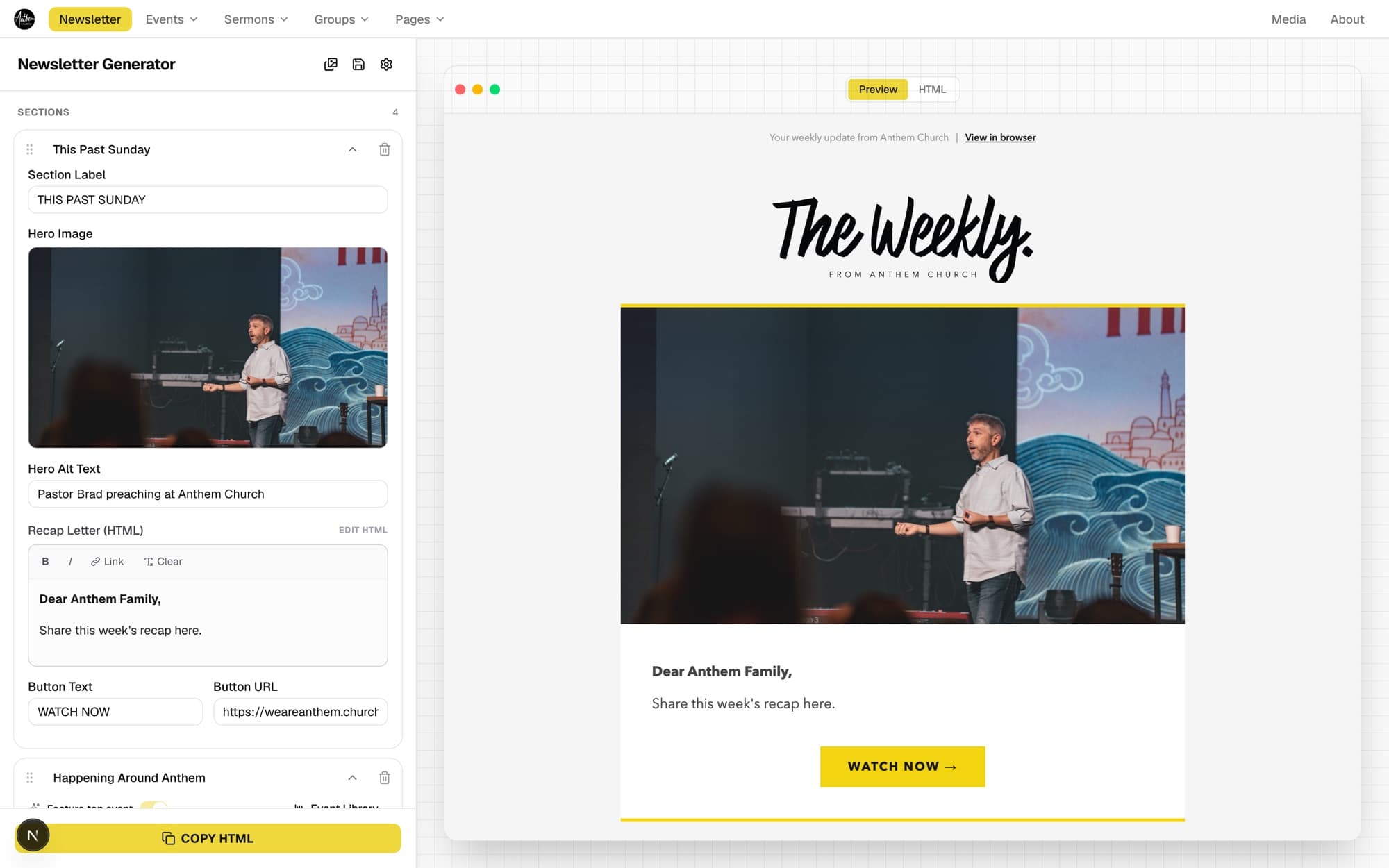 The newsletter generator, a visual editor beside a live email preview